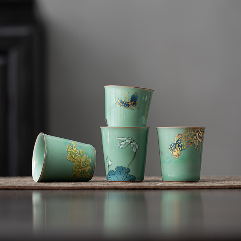 Celadon Ceramic Cup - Vintage Celadon, İyi Şans Getiren Lotus